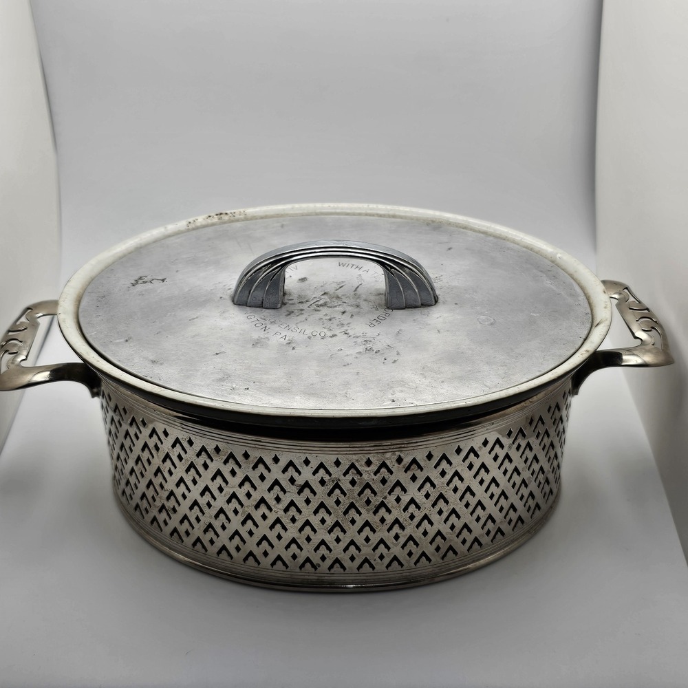 Antique Silver plate Casserole Holder With Hall Pottery Ceramic Casserole Dish